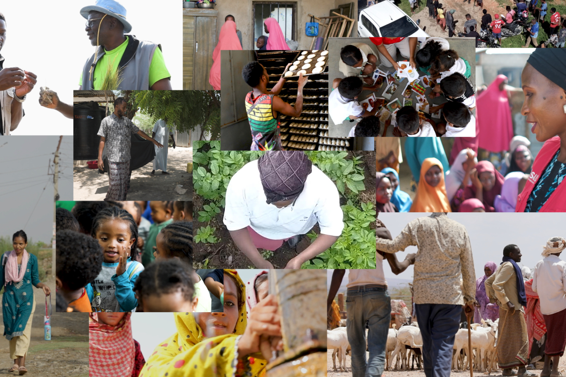 Collage of smaller images of mercy corps' work in countries where its active.