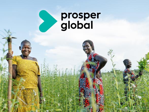 Ugandan woman stands in field of sesame with prosper global logo overhead.
