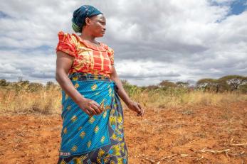 Kenyan woman looking over field.
