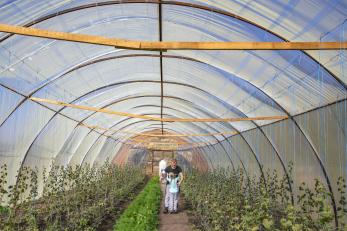 A grandparent hugs their grandchild in their family's greenhouse.