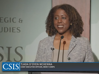 Mercy corps, ceo tjada d’oyen mckenna speaking at the csis forum.